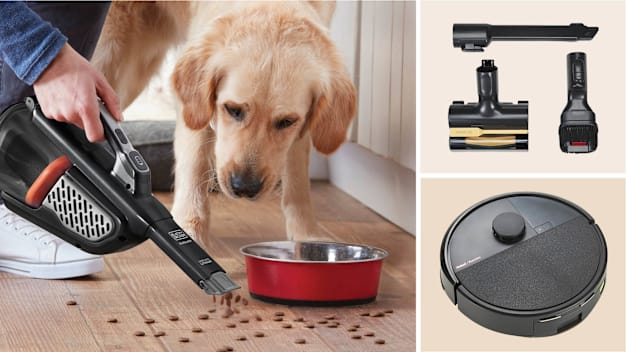Clockwise from left: A person using the Shark Ion W1 WV201 handheld vacuum to pick up dog kibble while their Golden Retriever watches, vacuum accessories from the Samsung Bespoke AI Jet Ultra VS90F40DMK/AA, and the iRobot Roomba Max 705.