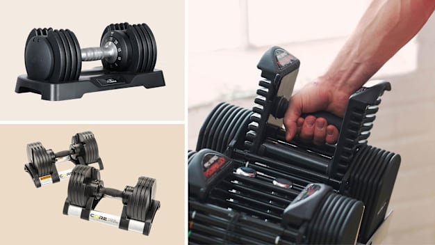 grid with Flybird Adjustable Dumbbell and Core Home Fitness Adjustable Dumbbell Set on light brown backgrounds and detail of person's arm lifting PowerBlock Pro series dumbbell out of holder