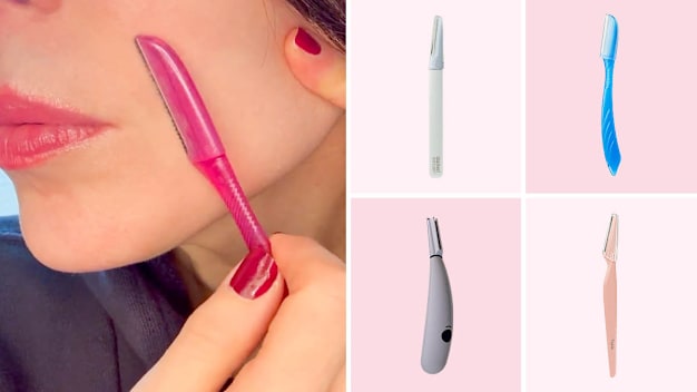 Lisa Fogarty using dermaplaning tool, Stacked Skincare, Schick, Tinkle, Michael Todd dermaplaning tools