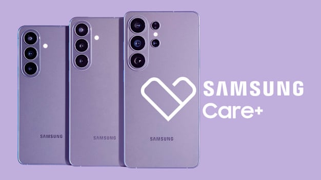 The Samsung Galaxy S26 with the Samsung Care+ logo.