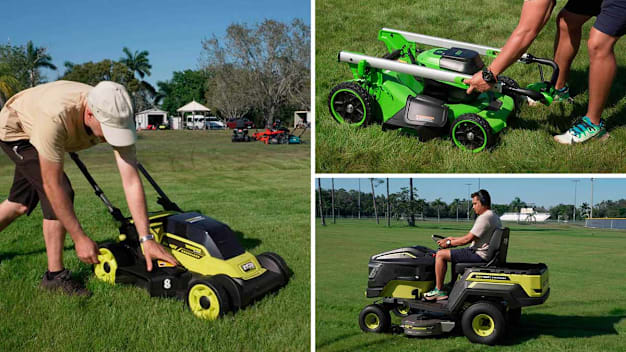 Three images of CR technicians testing battery lawn mowers on a large grass field.
