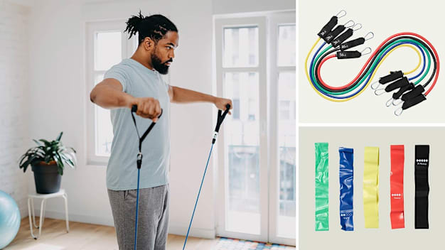 Clockwise from left: a man using resistance bands, Whatafit Resistance Bands, Kakuje Resistance Bands set.
