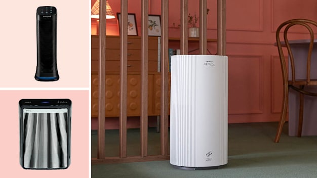 grid of three images with Honeywell AirGenius 5 HFD-320 and Winix 9800 air purifiers on light pink backgrounds and Coway Airmega 350 air purifier in dining room area with drawers and corner of dining room table