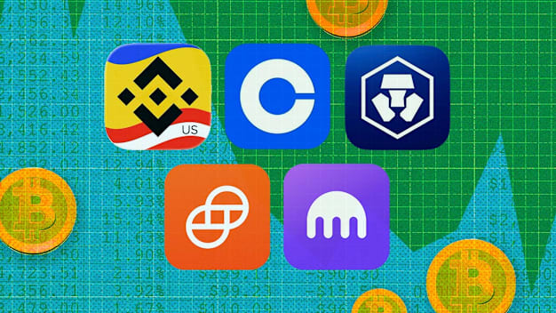 An illustration featuring five prominent cryptocurrency exchange app icons arranged against a green and blue background filled with financial amounts and a grid pattern. The top row displays the logos for Binance.US, Coinbase, and Crypto.com, while the bottom row shows Gemini and Kraken. Gold Bitcoin coins are scattered around the edges, with a large blue fever line heading downward in the background.