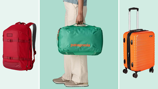 from left: Yeti Crossroads 27L Travel Backpack, a person holding a Patagonia Black Hole Mini MLC Travel Backpack, Amazon Basics 21-Inch Hardside Spinner Luggage.