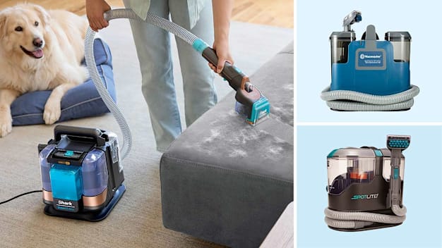 Clockwise from left: a person vacuuming up dog hair from a sofa with the Shark StainStriker Hairpro Pet PX251; Vacmaster 400 Series SCB301 carpet cleaner, Kenmore Spotlite KW2001 carpet cleaner.