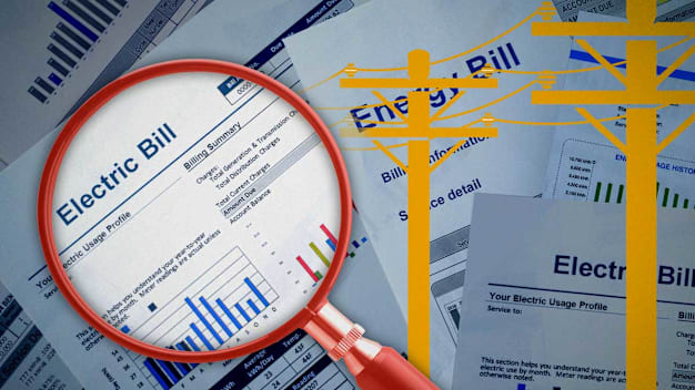Magnifying glass over electric bills, with yellow power lines and utility poles layered across the images