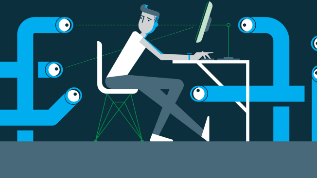 illustration of person at computer with eyes looking at him