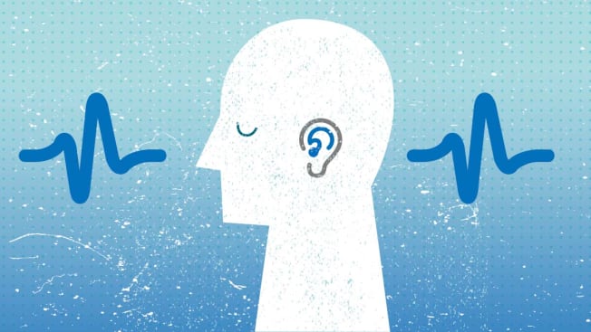 Silhouette  of head with hearing aid in ear, sound waves in background.