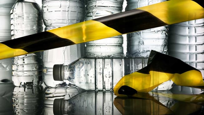 Plastic bottles of water with caution tape stretched across them.