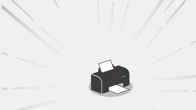 illustration of small printer with paper in paper feeder and output trays