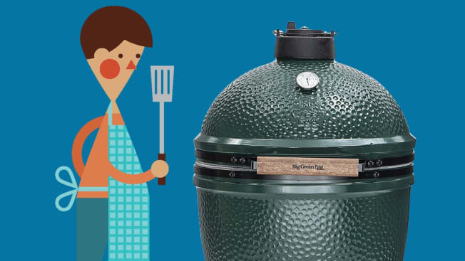 Illustration of man with apron and spatula next to photo of the big green egg.