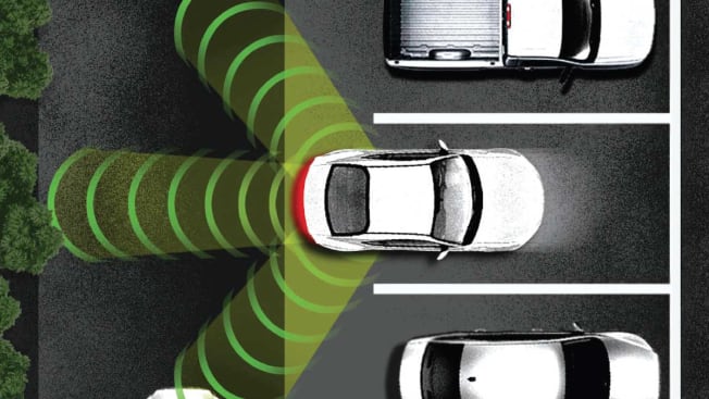 illustration of cars from overhead with one backing up from a parking spot with detection lines coming from the back of the car