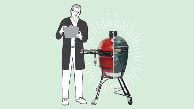 Illustration of tester evaluating Kamado grill against the Green Egg