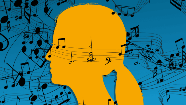 Profile of a person with music notes floating around their head
