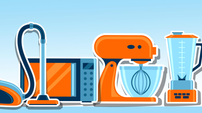 illustration of row of orange and blue appliances (vacuum, microwave, mixer, blender)