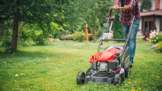 person using a push mower to mow lawn with house and woods in background