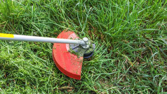 person using a string trimmer