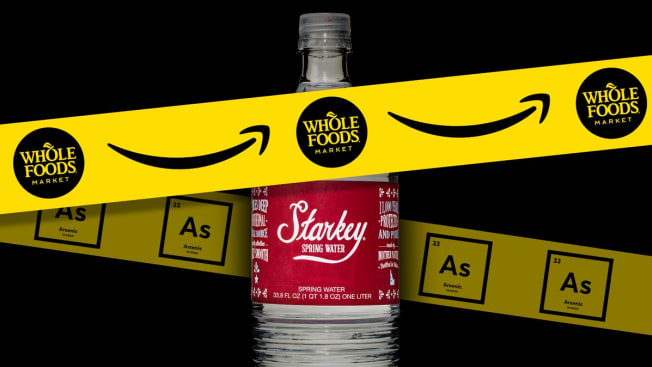 starkey water bottle, amazon and whole foods logo and arsenic symbol