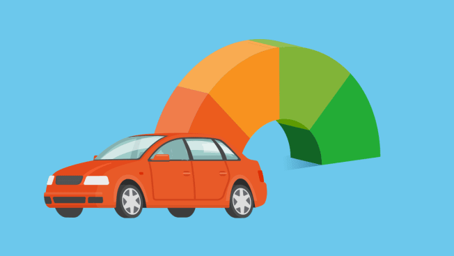 Illustration of a credit score rainbow ending in a car