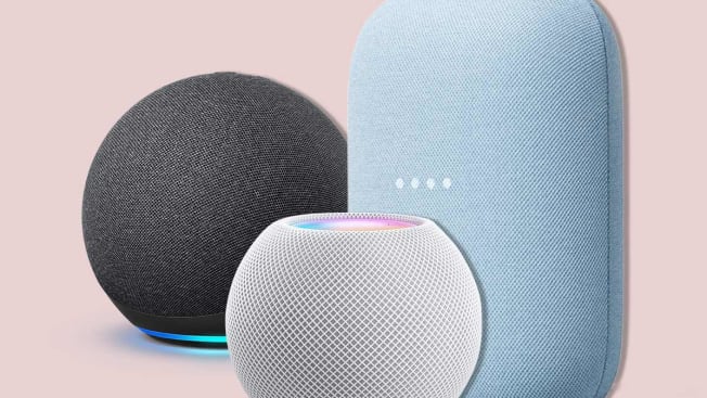 Amazon Echo, Apple HomePod Mini, and Google Nest Audio smart speakers.