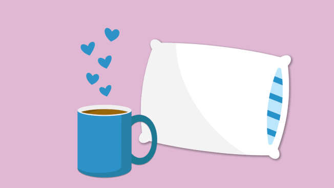 Illustration of a pillow with blue stripes and a blue cup of coffee with little blue hearts floating out of it.