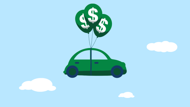 An illustration of a car being held up in the sky by balloons with the money sign printed on them