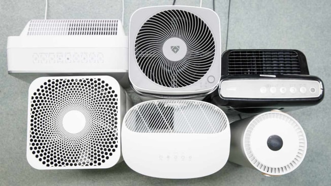 overhead shot of 6 air purifiers grouped together