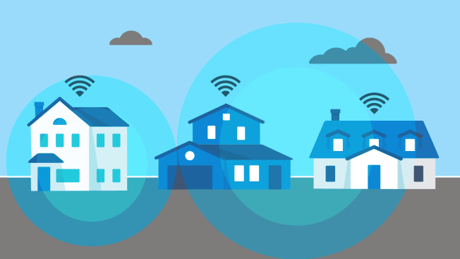 Illustration of a neighborhood with wifi signals over the houses. Blue rings cover the houses to illustrate the concept of Amazon Sidewalk.