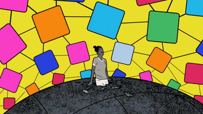 Illustration of a woman emerging from a globe into app universe