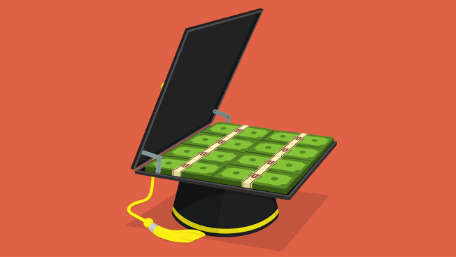 Illustration of a graduation cap the top of which is opened up to reveal a briefcase of money