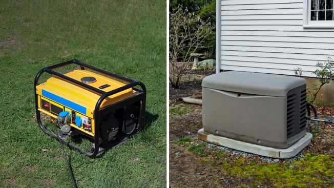 A portable generator on the left and a standby generator on the right.