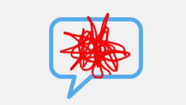 A blue speech bubble with red scribble in it