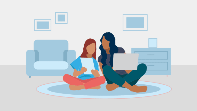 Illustration of parent and child sitting and looking at a tablet and laptop.