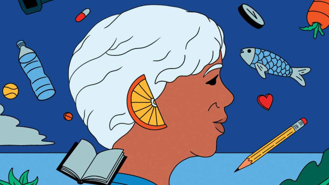 illustration of person's head with floating objects (fish, ball, pencil) around her