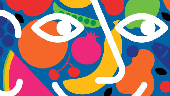 illustration of graphic face with fruits and vegetables in background