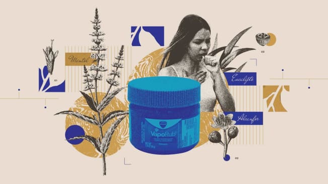 A collage of images that includes a container of Vick's VaporRub, a person coughing and the medicinal plants that are included in Vick's ingredients.