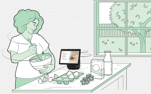 Illustration of a person using the Echo 10 for recipe help while baking in their kitchen.