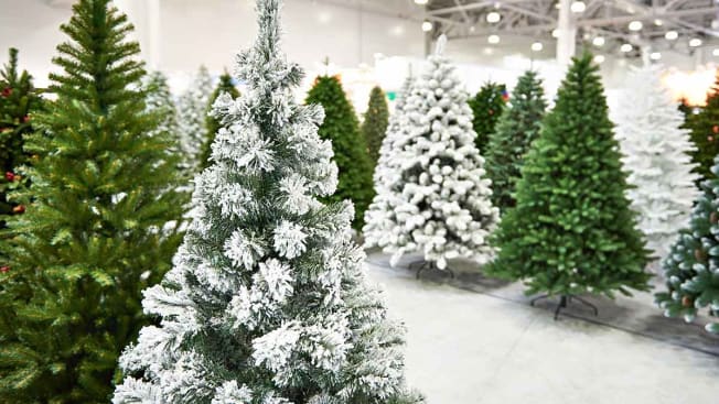 Decorative artificial Christmas trees in store