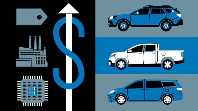 Illustration of 3 cars, pickup, wagon and minivan, microchip, price tag. dollar sign with arrow pointing up and building icons