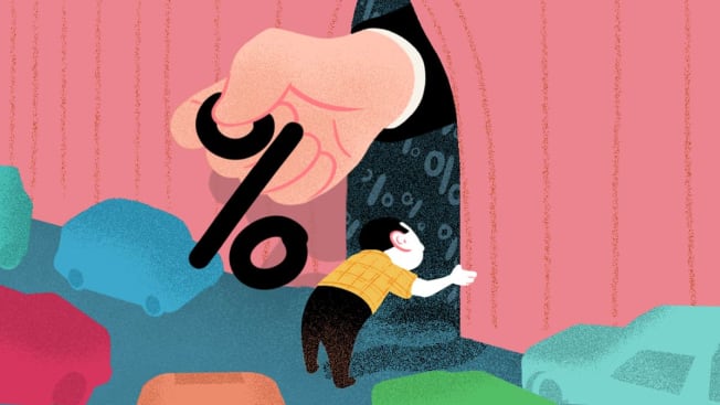 An illustration of a giant hand handing a percentage sign from behind a curtain while a person looks behind the curtain for more rates.