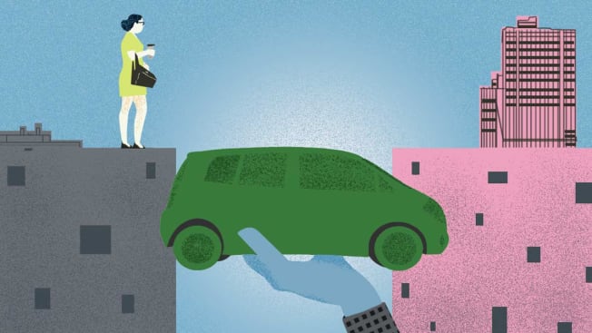 An illustration of a car being lifted so a woman can use it as a bridge to get to a better job.