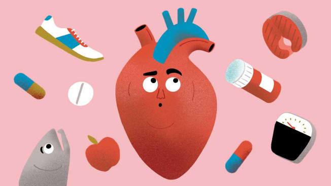illustration of heart, fish, pills, scale, apple and sneaker icons