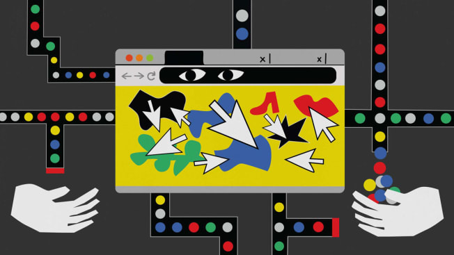 A browser with several click arrows, behind the browser a maze of dots (cookies) some falling into hands