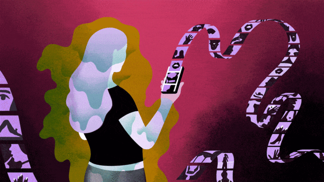 An illustration of a person looking at endless images on social media while a blob representing dysmorphia radiates on top of her.