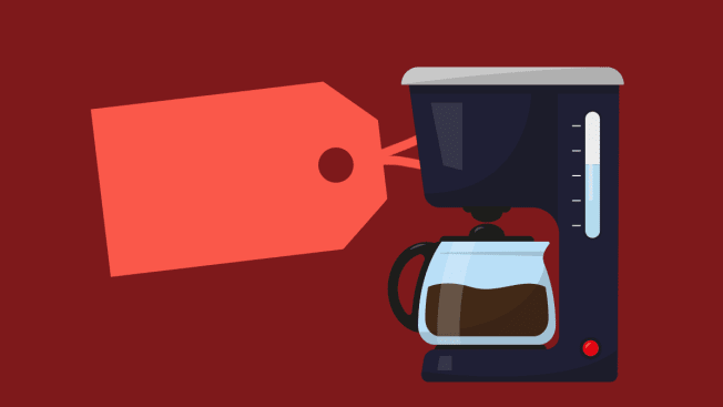 Illustration of a coffee maker with a large sale tag