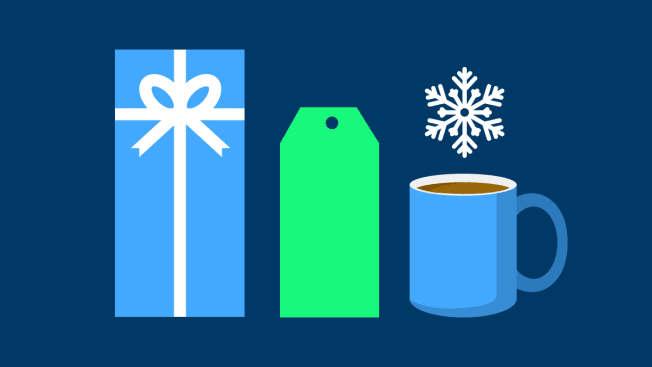 Illustration of a gift, a sales tag, and a cup of coffee with a snowflake sitting over it.