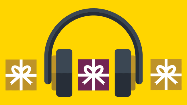 Illustration of headphones with gift boxes.