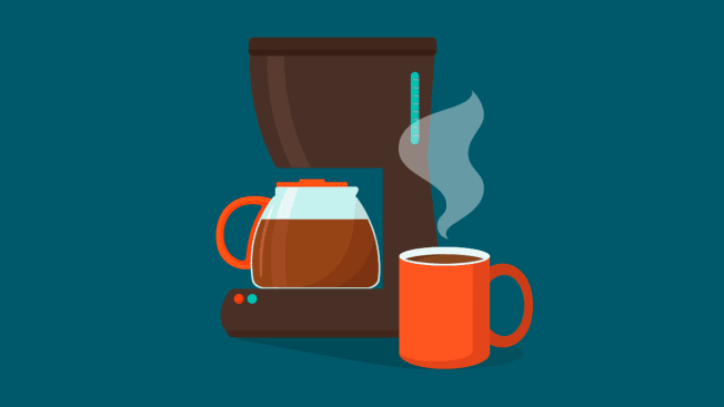Illustration of a coffee maker and cup of coffee with steam rising from it.