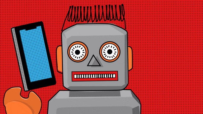 A GIF of an illustrated robot talking on a cell phone.
